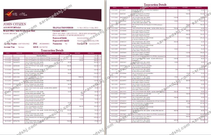 India Post Payments Bank statement template, Word and PDF format, 4 pages